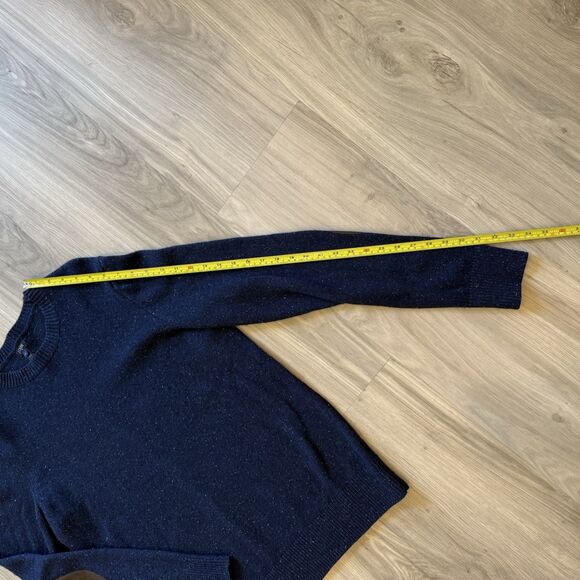 J Crew Navy Flecked Sweater LT Large Tall 80% Lambswool 20% Nylon Elbow Patches - Picture 4 of 9